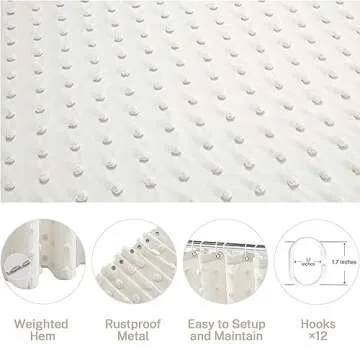 Extra Long Boho Farmhouse Cream Shower Curtain Woven Fabric 84 Inch Ivory Shower Curtain, 72 x 84 Tufted Pleat Floral Puffs Textured Modern Minimalist Ivory Shower Curtain Set with Hooks for Bathroom