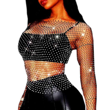 Fstrend Mesh Body Chains Crystal Fishnet Crop Top