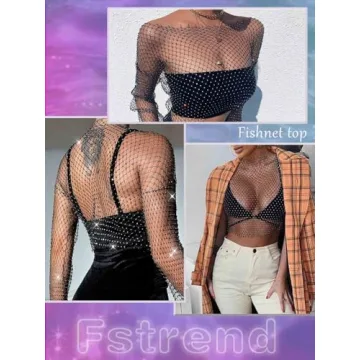 Fstrend Mesh Body Chains Crystal Fishnet Crop Top