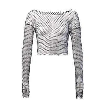Fstrend Mesh Body Chains Crystal Fishnet Crop Top