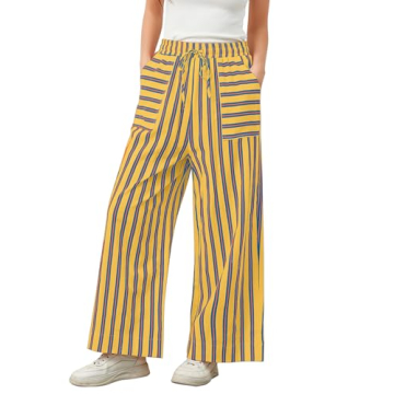 Ymejia Womens Wide Leg Striped Pants Loose Fit Drawstring Comfy High Waist Striped Lounge Pants with...