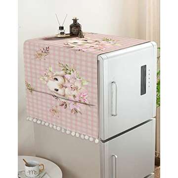 Pink Easter Microwave Dustproof Cover Washer Dust Cover Machine Protector, Shabby Chic Bunny Flowers Plaid Decorative Kitchen Appliance Cover with 2 Pockets 28x67