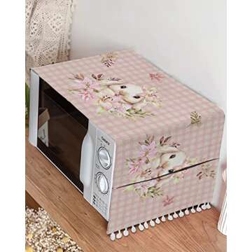 Pink Easter Microwave Dustproof Cover Washer Dust Cover Machine Protector, Shabby Chic Bunny Flowers Plaid Decorative Kitchen Appliance Cover with 2 Pockets 28x67