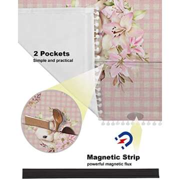 Pink Easter Microwave Dustproof Cover Washer Dust Cover Machine Protector, Shabby Chic Bunny Flowers Plaid Decorative Kitchen Appliance Cover with 2 Pockets 28x67