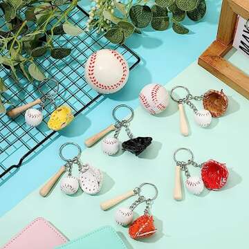 Junkin Baseball Bat Keychain Bulk Baseball Party Favors Boys Bat Baseball Glove Mini Keychain Accessories Sport Wooden Key Ring Boys Girls Team Baseball Party Favor Birthday Athletes Souvenir (12 Pcs)