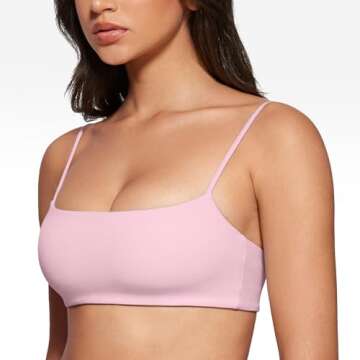 INGIA Women's Square Neck Sports Bra Spaghetti Strap Padded Cami Yoga Wireless Square Back Workout Bra Crop Top Milk Pink Small