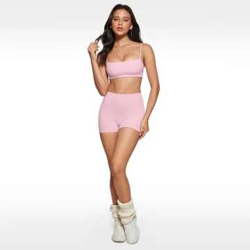 INGIA Women's Square Neck Sports Bra Spaghetti Strap Padded Cami Yoga Wireless Square Back Workout Bra Crop Top Milk Pink Small