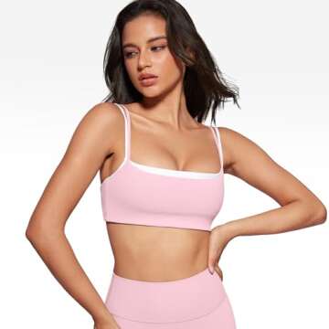 INGIA Women's Square Neck Sports Bra Spaghetti Strap Padded Cami Yoga Wireless Square Back Workout Bra Crop Top Milk Pink Small