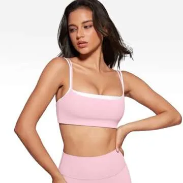 INGIA Women's Square Neck Sports Bra Spaghetti Strap Padded Cami Yoga Wireless Square Back Workout Bra Crop Top Milk Pink Small