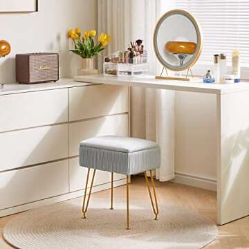YMYNY Vanity Stool Chair with Storage, Square Velvet Ottoman Foot Stool, Modern Multifunctional Makeup Stool for Bedroom, Living Room, Office, Gold Legs, 18.9 * 15.75 * 11.6", Dusty Blue, UHBD024G