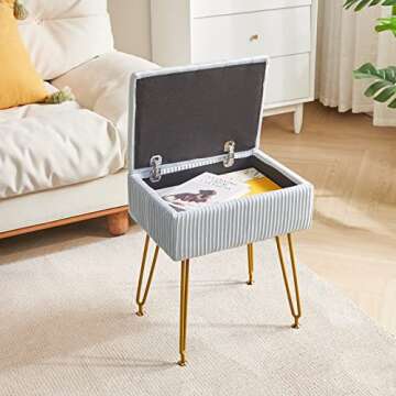 YMYNY Vanity Stool Chair with Storage, Square Velvet Ottoman Foot Stool, Modern Multifunctional Makeup Stool for Bedroom, Living Room, Office, Gold Legs, 18.9 * 15.75 * 11.6", Dusty Blue, UHBD024G