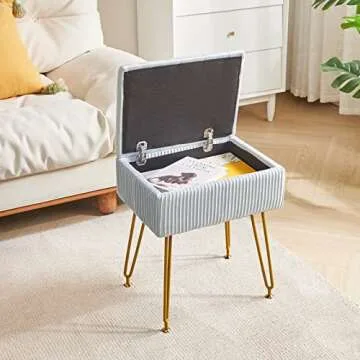 YMYNY Vanity Stool Chair with Storage, Square Velvet Ottoman Foot Stool, Modern Multifunctional Makeup Stool for Bedroom, Living Room, Office, Gold Legs, 18.9 * 15.75 * 11.6", Dusty Blue, UHBD024G