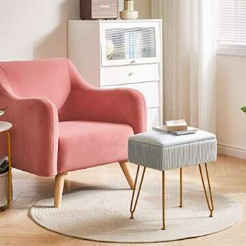 YMYNY Vanity Stool Chair with Storage, Square Velvet Ottoman Foot Stool, Modern Multifunctional Makeup Stool for Bedroom, Living Room, Office, Gold Legs, 18.9 * 15.75 * 11.6", Dusty Blue, UHBD024G
