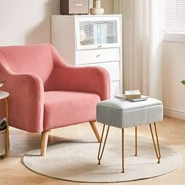 YMYNY Vanity Stool Chair with Storage, Square Velvet Ottoman Foot Stool, Modern Multifunctional Makeup Stool for Bedroom, Living Room, Office, Gold Legs, 18.9 * 15.75 * 11.6", Dusty Blue, UHBD024G