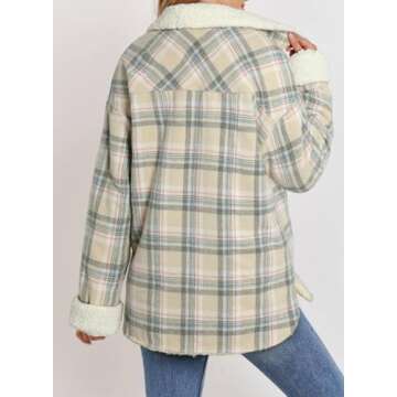 Dokotoo Casual Sherpa Jacket Women Thick Fleece Lined Fuzzy Lapel Collar Plaid Shacket Jackets Button Up Long Sleeve Cozy Teddy Bear Loose Coat Fall Flannel Shirts Winter Outwear Apricot M