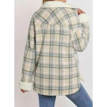 Dokotoo Casual Sherpa Jacket Women Thick Fleece Lined Fuzzy Lapel Collar Plaid Shacket Jackets Button Up Long Sleeve Cozy Teddy Bear Loose Coat Fall Flannel Shirts Winter Outwear Apricot M