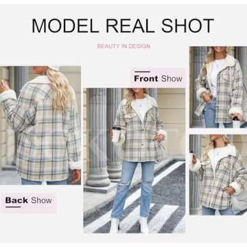 Dokotoo Casual Sherpa Jacket Women Thick Fleece Lined Fuzzy Lapel Collar Plaid Shacket Jackets Button Up Long Sleeve Cozy Teddy Bear Loose Coat Fall Flannel Shirts Winter Outwear Apricot M