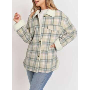 Dokotoo Casual Sherpa Jacket Women Thick Fleece Lined Fuzzy Lapel Collar Plaid Shacket Jackets Button Up Long Sleeve Cozy Teddy Bear Loose Coat Fall Flannel Shirts Winter Outwear Apricot M