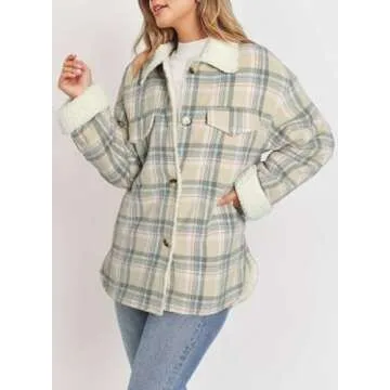 Dokotoo Casual Sherpa Jacket Women Thick Fleece Lined Fuzzy Lapel Collar Plaid Shacket Jackets Button Up Long Sleeve Cozy Teddy Bear Loose Coat Fall Flannel Shirts Winter Outwear Apricot M