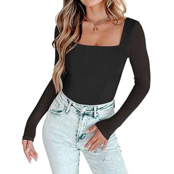 PINKMSTYLE Womens Mesh Square Neck Bodysuit Long Sleeve Shirts Shapewear Corset Top Sexy Country Concert Outfits Black Large