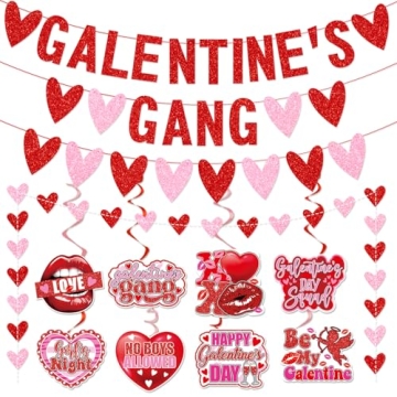 Galentines Gang Banner with Love Hearts,Happy Galentine’s Day Banner Garland Hanging Swirls,Galent...