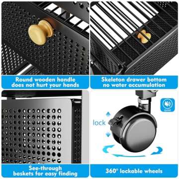 5 Tier Kitchen Rolling Cart with Drawers, Multipurpose Utility Cart, Storage Carts for Kitchen, Rolling Organization Carts with Lockable Wheels & Mesh Basket, Black