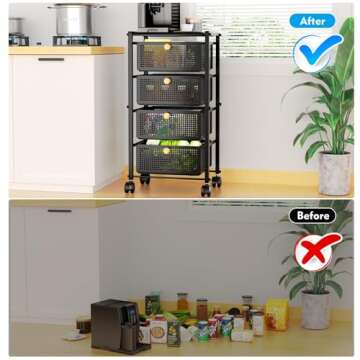 5 Tier Kitchen Rolling Cart with Drawers, Multipurpose Utility Cart, Storage Carts for Kitchen, Rolling Organization Carts with Lockable Wheels & Mesh Basket, Black