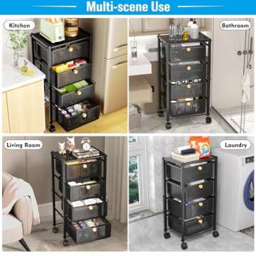 5 Tier Kitchen Rolling Cart with Drawers, Multipurpose Utility Cart, Storage Carts for Kitchen, Rolling Organization Carts with Lockable Wheels & Mesh Basket, Black