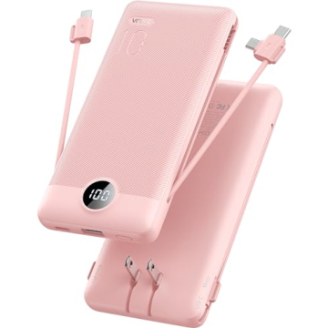 VRURC Portable Charger Built-in Cables and AC Wall Plug, USB C Power Bank 10000mAh, [2023 Upgraded Version] Phone Charger Compact Lightweight External Battery Pack for Smart Phones, Tablets etc-Pink