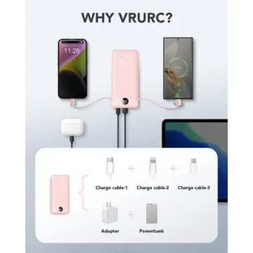 VRURC Portable Charger Built-in Cables and AC Wall Plug, USB C Power Bank 10000mAh, [2023 Upgraded Version] Phone Charger Compact Lightweight External Battery Pack for Smart Phones, Tablets etc-Pink