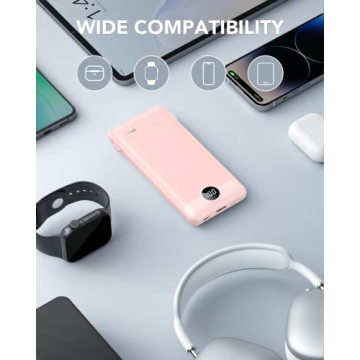 VRURC Portable Charger Built-in Cables and AC Wall Plug, USB C Power Bank 10000mAh, [2023 Upgraded Version] Phone Charger Compact Lightweight External Battery Pack for Smart Phones, Tablets etc-Pink