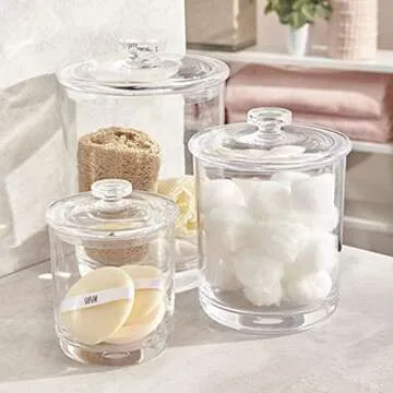 ZOOFOX Set of 4 Acrylic Apothecary Jars, 45 oz/ 30 oz/ 15 oz Large Plastic Jar with Lid, Bathroom Vanity Laundry Container Holder for Candy, Cotton Swab Ball, Q-Tips, Bath Salt, Pods, Scent Boosters