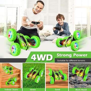 Qumcou Remote Control Car for Boys 4-7,RC Cars Toys for Ages 5-7, 2.4Ghz Fast Double-Sided 360°Rotating Toy Cars with Headlights and Wheel Lights, Christmas Birthday Gifts for Boys Age 6-12, Green