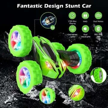 Qumcou Remote Control Car for Boys 4-7,RC Cars Toys for Ages 5-7, 2.4Ghz Fast Double-Sided 360°Rotating Toy Cars with Headlights and Wheel Lights, Christmas Birthday Gifts for Boys Age 6-12, Green