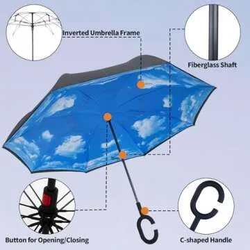 LLanxiry Umbrella,Inverted Reverse Upside Down Umbrellas with C-Shaped Handle, Anti-UV Waterproof Rain Umbrella for Women and Men (high clouds)