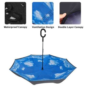 LLanxiry Umbrella,Inverted Reverse Upside Down Umbrellas with C-Shaped Handle, Anti-UV Waterproof Rain Umbrella for Women and Men (high clouds)