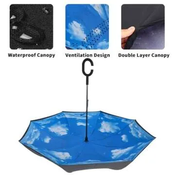 LLanxiry Umbrella,Inverted Reverse Upside Down Umbrellas with C-Shaped Handle, Anti-UV Waterproof Rain Umbrella for Women and Men (high clouds)