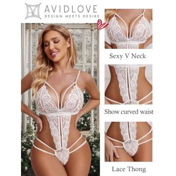 Avidlove Women Deep V Lingerie Teddy Bodysuit - Bridal Lingerie in White