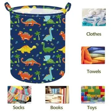 ACMUUNI 19.7 Inch Dinosaur Round Kids Laundry Clothes Hamper Dino Laundry Basket with Handles,Baby T...