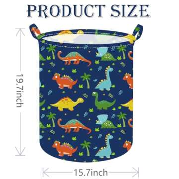 ACMUUNI 19.7 Inch Dinosaur Round Kids Laundry Clothes Hamper Dino Laundry Basket with Handles,Baby Toys Storage Organizer Bins Laundry Gift Basket for Boys and Girls Room, Bedroom Decor