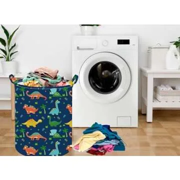 ACMUUNI 19.7 Inch Dinosaur Round Kids Laundry Clothes Hamper Dino Laundry Basket with Handles,Baby Toys Storage Organizer Bins Laundry Gift Basket for Boys and Girls Room, Bedroom Decor