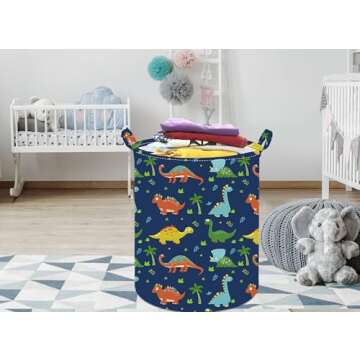 ACMUUNI 19.7 Inch Dinosaur Round Kids Laundry Clothes Hamper Dino Laundry Basket with Handles,Baby Toys Storage Organizer Bins Laundry Gift Basket for Boys and Girls Room, Bedroom Decor