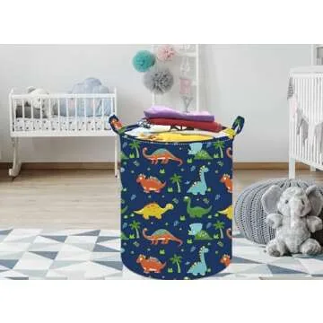 ACMUUNI 19.7 Inch Dinosaur Round Kids Laundry Clothes Hamper Dino Laundry Basket with Handles,Baby Toys Storage Organizer Bins Laundry Gift Basket for Boys and Girls Room, Bedroom Decor