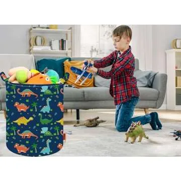 ACMUUNI 19.7 Inch Dinosaur Round Kids Laundry Clothes Hamper Dino Laundry Basket with Handles,Baby Toys Storage Organizer Bins Laundry Gift Basket for Boys and Girls Room, Bedroom Decor