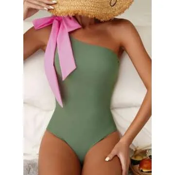 Herseas Women's One Piece One Bow Shoulder Cutout Padded Swimsuit High Waisted Teen Green Bathing Suit Cruise Outfits Medium