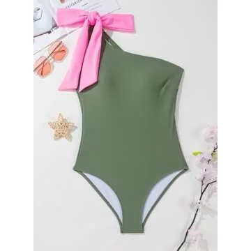 Herseas Women's One Piece One Bow Shoulder Cutout Padded Swimsuit High Waisted Teen Green Bathing Suit Cruise Outfits Medium