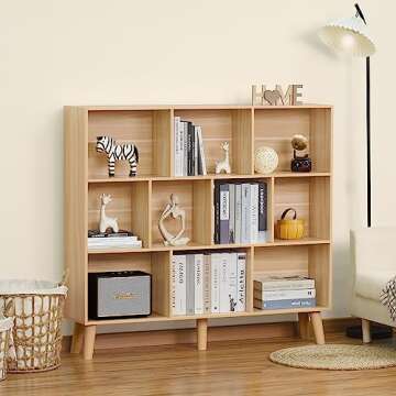 LEYAOYAO 10 Cube Bookshelf,3 Tier Modern Wide Bookcase with Legs,Mid-Century Wood Bookshelves Storag...