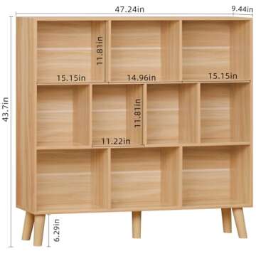 LEYAOYAO 10 Cube Bookshelf,3 Tier Modern Wide Bookcase with Legs,Mid-Century Wood Bookshelves Storage,Natural Large Book Case,Freestanding Organizer Display Shelf for Bedroom,Living Room,Office