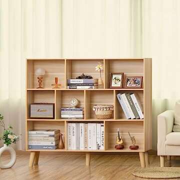 LEYAOYAO 10 Cube Bookshelf,3 Tier Modern Wide Bookcase with Legs,Mid-Century Wood Bookshelves Storage,Natural Large Book Case,Freestanding Organizer Display Shelf for Bedroom,Living Room,Office