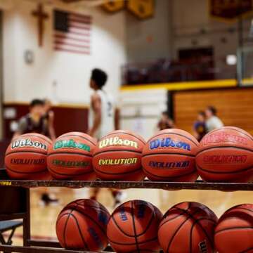 WILSON Evolution Indoor Game Basketball, Royal, Scarlet, Size 6 - 28.5"